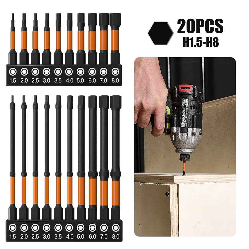 10/20pcs Impact Hex Head Allen Wrench Drill Bit Set，50-100mm H1.5-H8 Hex-Shank S2 Steel Hex Screwdriver Bits Metric Magnetic