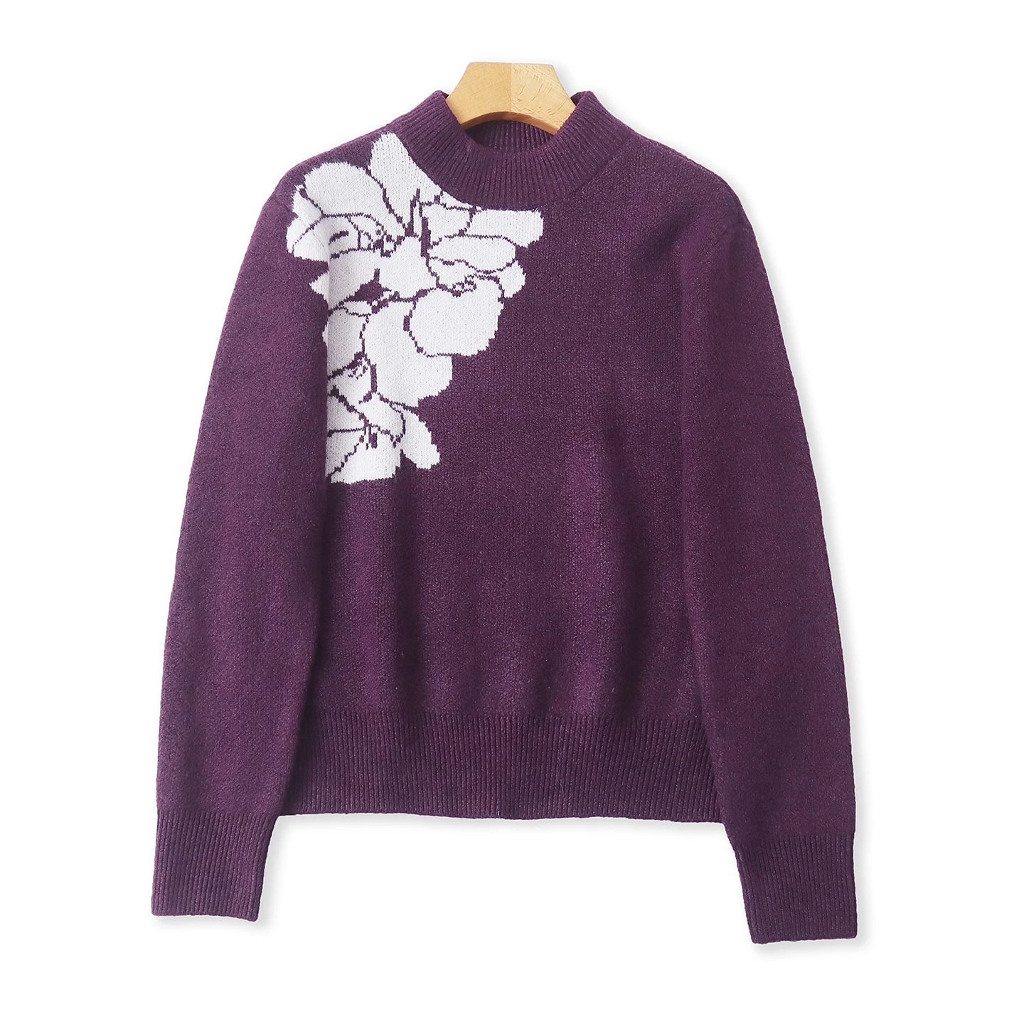 

Autumn Winter Women's Loose Fit Knitted Sweater Stand Collar Tassel Long Sve Warm Faionable Floral Print Pullover Top