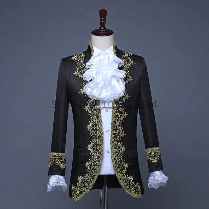 Adult Men 4PCS Set Victorian Steampunk Royal Prince Costume Vintage Baroque Jacket Coat Pants Tie Wedding Groom Blazer Suit