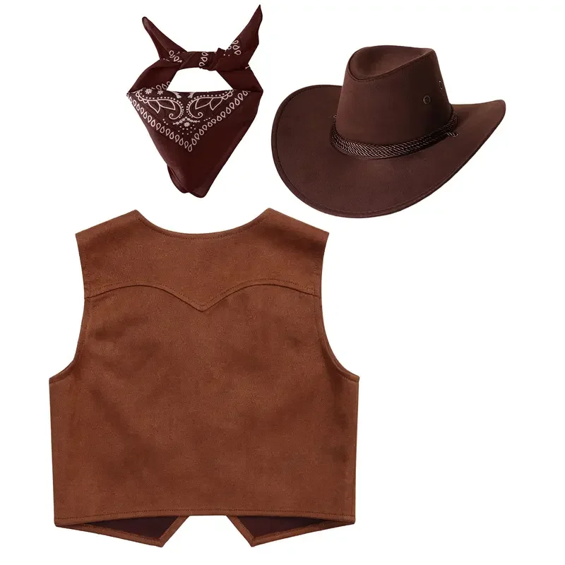 Bambini Western Cowboy Cowgirl Costume gilet con frange in pelle scamosciata con bandana cappello in feltro Halloween Wild West Cosplay Party Dress Up