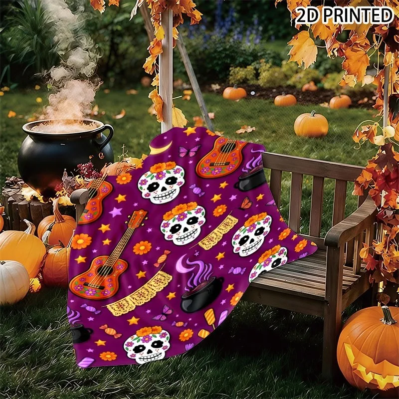 Vibrant Day of The Dead Sugar Skull And Festive Pattern Small Throw Blanket, Deep Purple Background with Guitars Marigoldens And