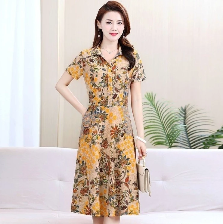 女性用半袖ミドル丈ドレス,ボタンポケット,パッチワーク,カジュアル,ワイド,新品,夏