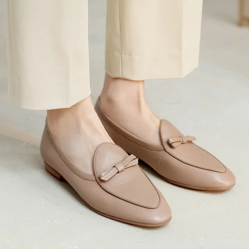 

Soft Genuine Leather Round Toe Flats Basic Style Women Loafers Simple Flat Shoes Daily Mules Spring Autumn Women Bowtie Flats