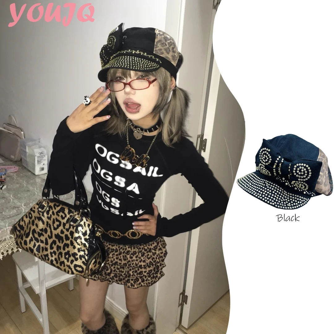 

Korean Diamond Bow Leopard Print Splicing Octagonal Hats for Women Y2K Street Cool Subculture Personality Berets Boina Hombre