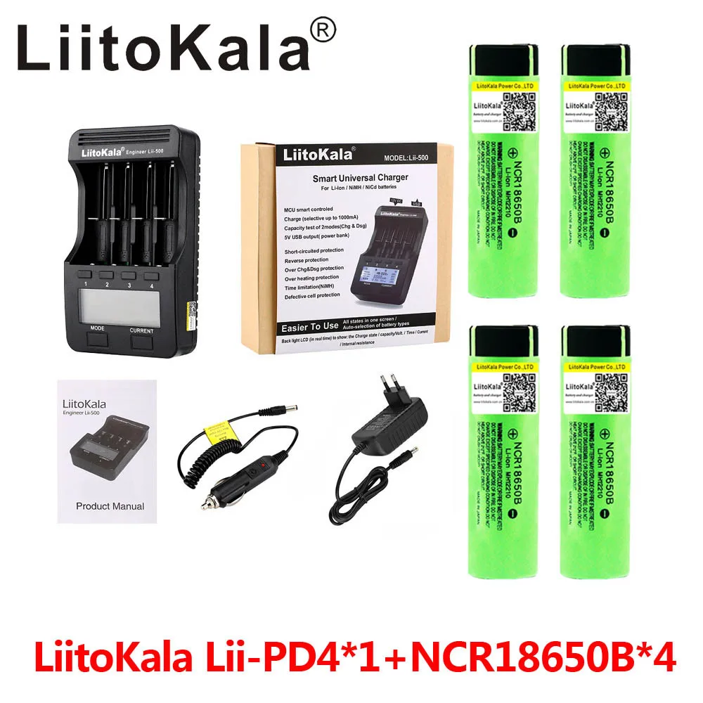 LiitoKala Lii-500 LCD 18650/26650 battery Charger+ 4pcs NCR18650B 3.7v 3400mah 18650 Lithium Rechargeable Battery For Flashlight