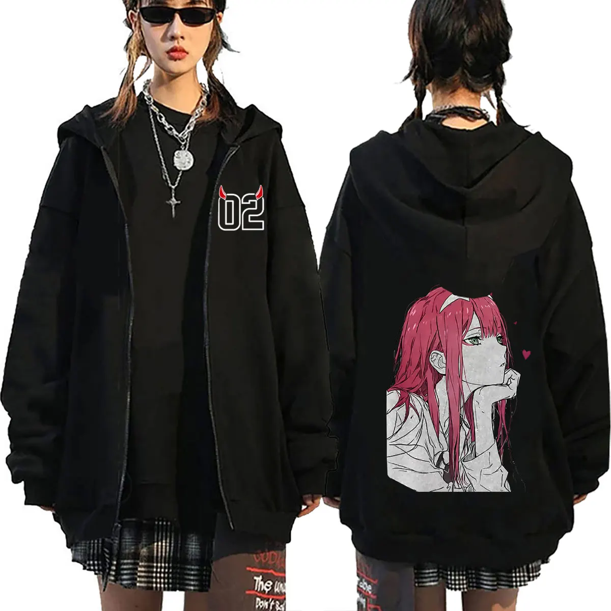 

Anime Darling in The Franxx Zero Two Zipper Hoodie Men Women 90s Manga Casual Oversized Jacket Coat Male Fashion Zip Up Hoodies