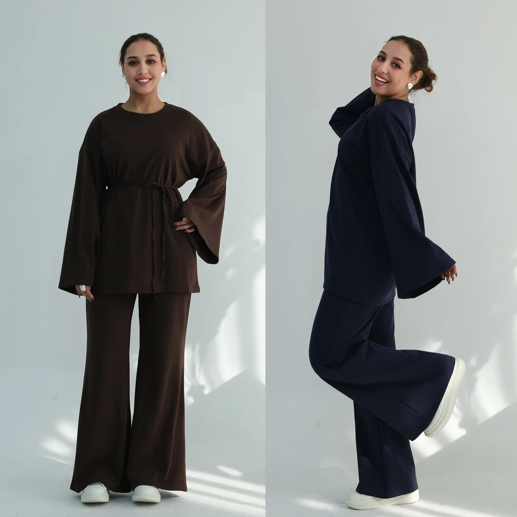 ชุดมุสลิมสำหรับวันอีด 2 ชิ้น เสื้อติดเข็มขัด กางเกงขายาว ชุดอิสลาม ตุรกี คาฟตัน ดูไบ อาบายะ ชุดลำลองสำหรับผู้หญิงมุสลิม