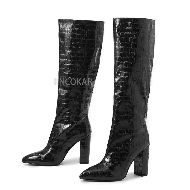 2023 Pointed Toe Chunky Over-the-knee Boots Lychee Pattern High-heeled Boots Fashion Same pointed thick heeled knee length