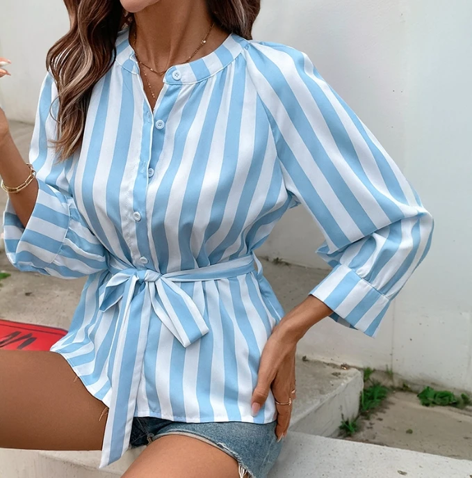 Korean popular blue striped T-shirt casual fashion versatile lace up waist cinched O-neck seven quarter sleeved women's shirt