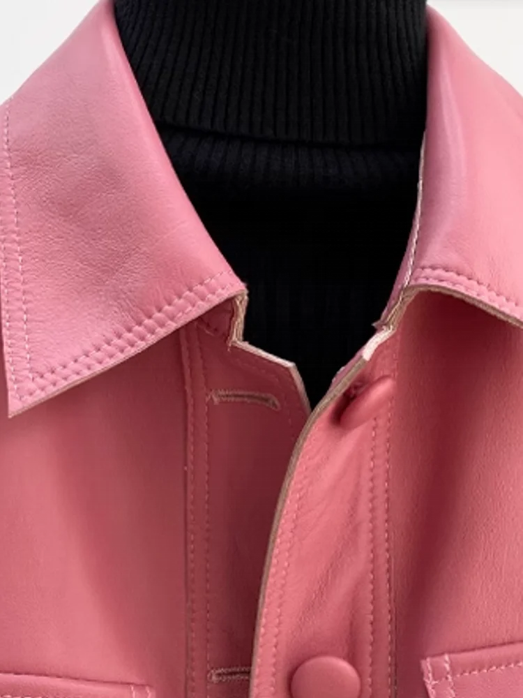 Spring Pink Women Lapel Collar Single Breasted Sheepskin Genuine Leather Jacket Office Lady Casual Coat Motorcycle Biker Jacket