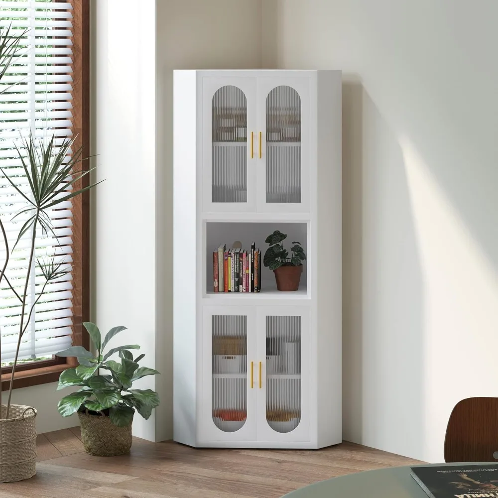 

64" White Metal Corner Storage Cabinet, 5-Tier Modern Fluted Side Free Standing Storage Organizer Acrylic Glass Display Cabinet