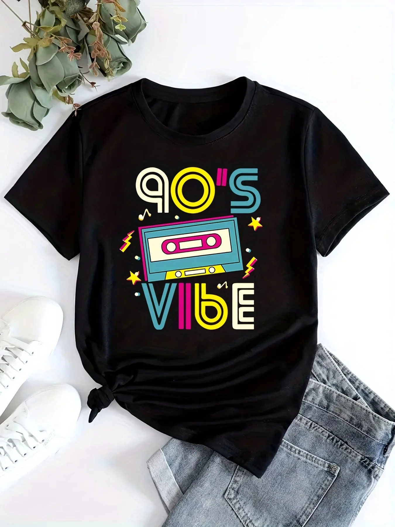 

90's Vibe Print T-Shirt, Short Sleeve Crew Neck Casual Top For Summer & Spring, Women's Clothing t-shirts