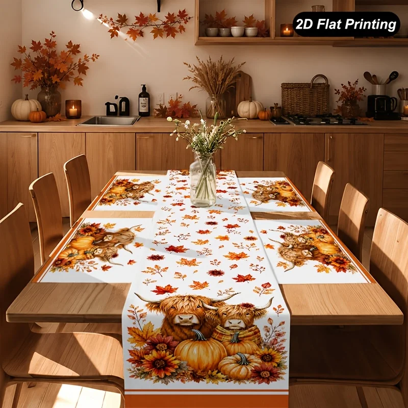 Fall Highland Cow Table Runner and Placemats  2D Flat Printed Autumn Pumpkin Sunflower Maple Leaf Table Decor for Thanksgiving