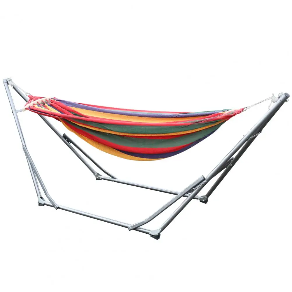 Double Hammock with Space Saving Metal Stand and Carrying Bag, Indoor Hammock Stand, Strong Load-Bearing, Striped Print,