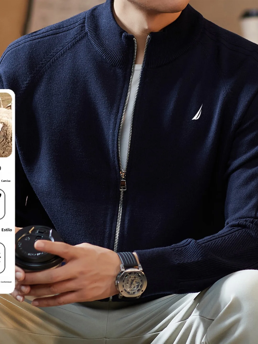 Cardigã Masculino Nautica de Lã Macia Tricotado Casual com Gola Alta e Manga Longa – Confortável, Respirável e Fácil de Vestir