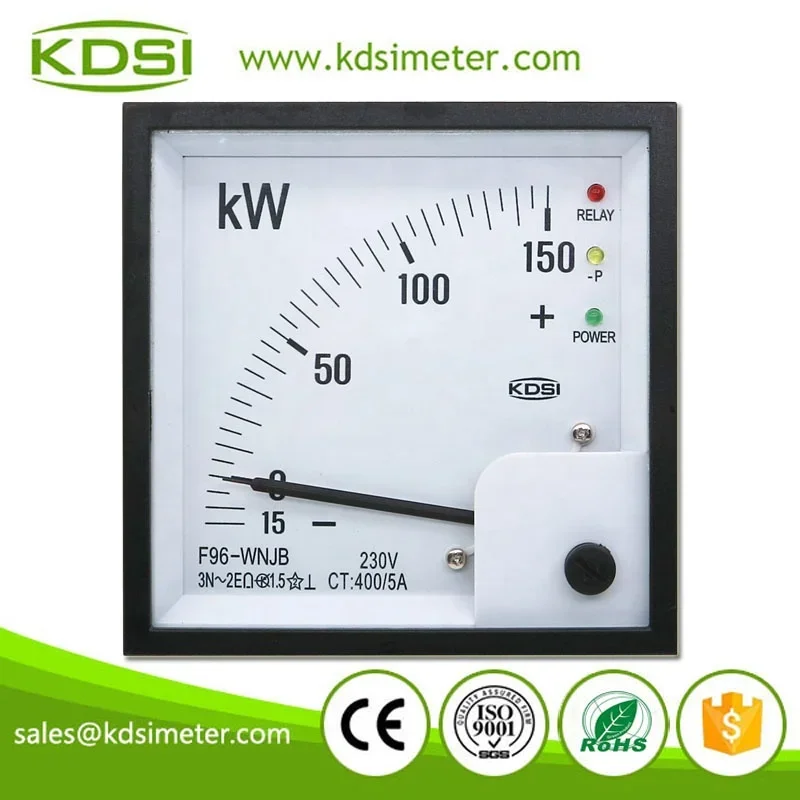 Multi-Purpose F96-WNJB -15-150kW 230V 400/5A Analog Panel Watt Meter With Reverse Power Relay Output