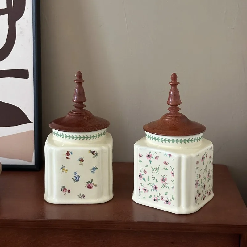 French Floral Ceramic Storage Canister Wooden Lid Vintage Countryside Decor Household Food Storage Container Storage