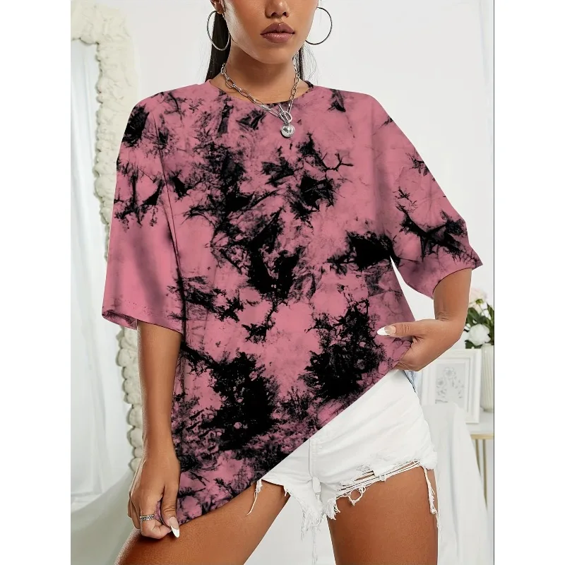 Plus Size New Women Fashion Tie Dye Contrasting Printed T-Shirt Ladies Round Neck Loose And Comfortable Short Sleeve Tops