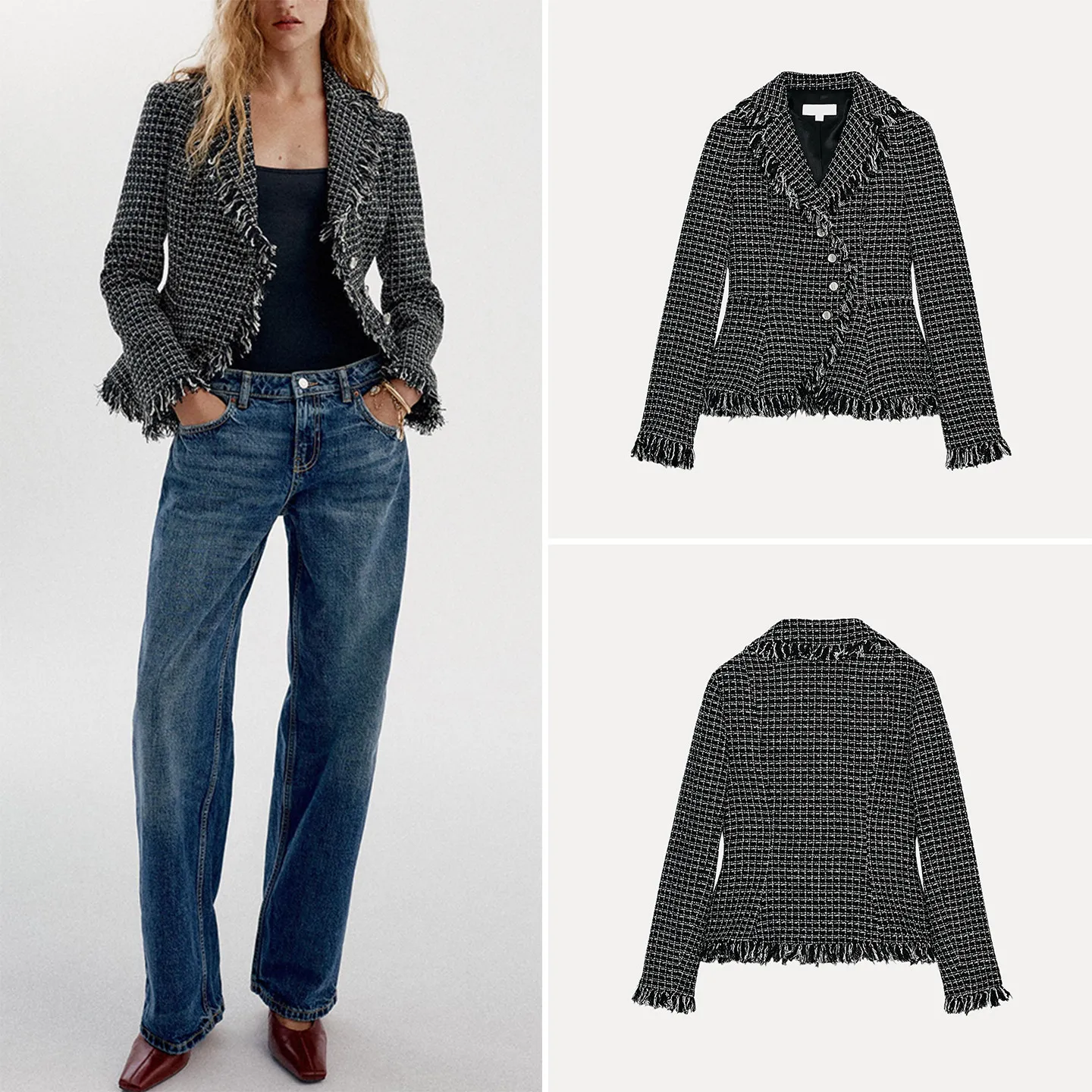Fashionable Long Sleeve Texture Lapel Coat Women's Autumn Wear ZADATA Standard Fit Outerwear with Frayed Hem Other Material