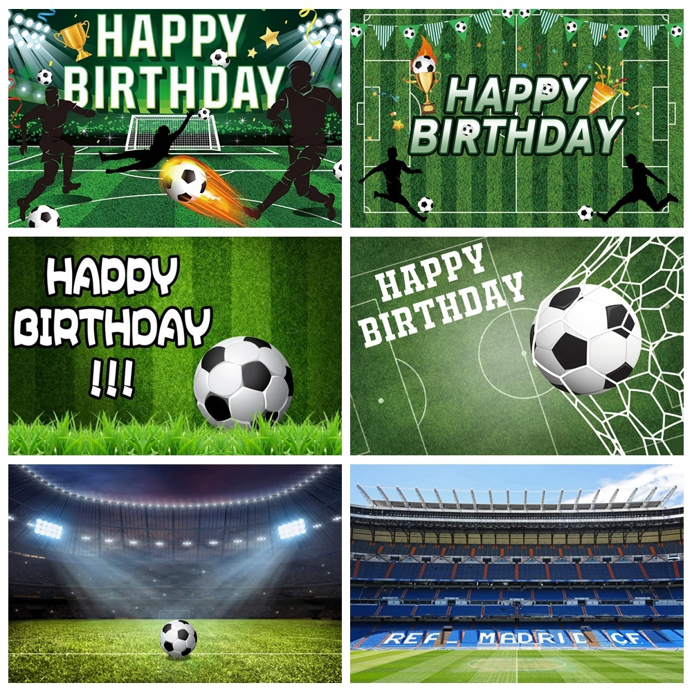 

Football Backdrop Real Madrid Stadium Champion Cup Soccer Field Boy Birthday Custom Photography Background Cake Table Decor Prop