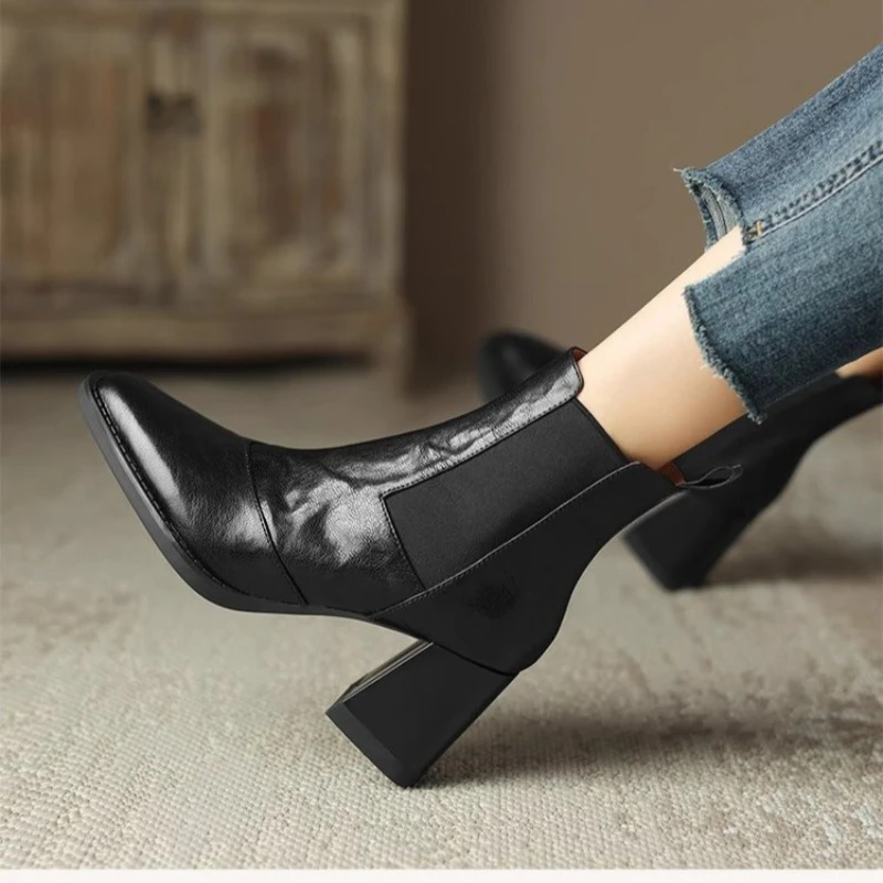 Square Headed Elastic High Heels, Extra Large Calf Chelsea Short Boots