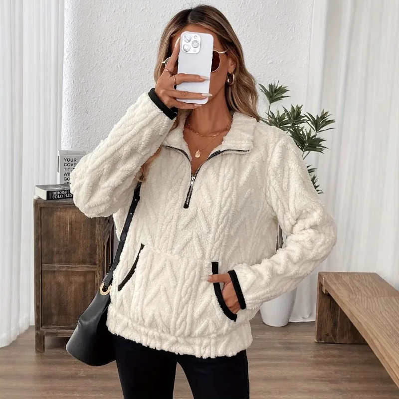 2025 Fashion Women's New Autumn and Winter Turn-down Collar Short Lamb Wool Sweatshirt