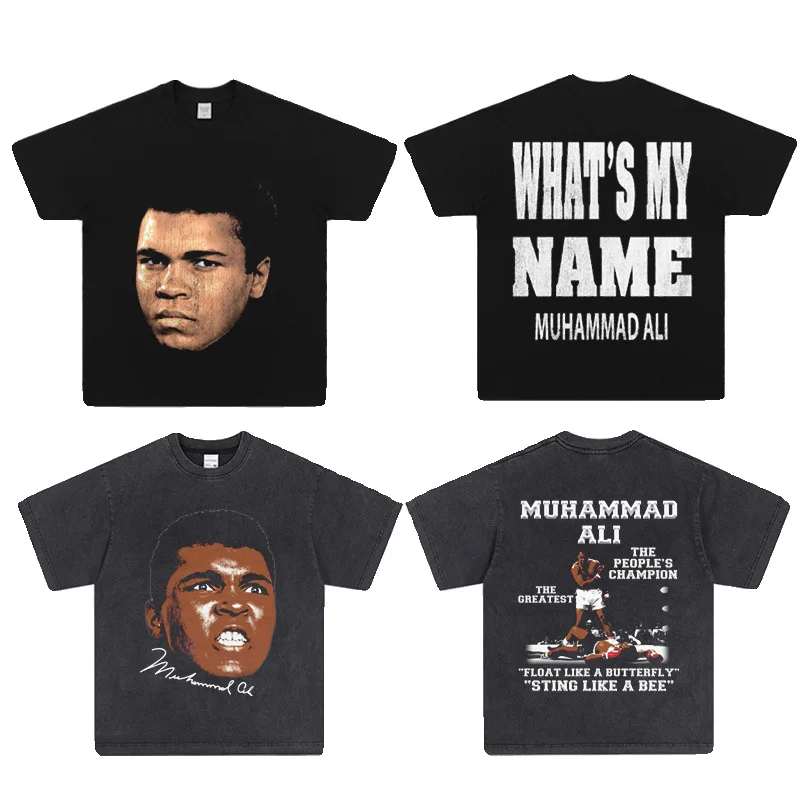 200 جرام القطن تي شيرت ريترو رياضي عادية محمد علي تحية الحجم الأوروبي الجولة الرقبة قصيرة الأكمام مطبوعة فضفاضة تي شيرت مجسم