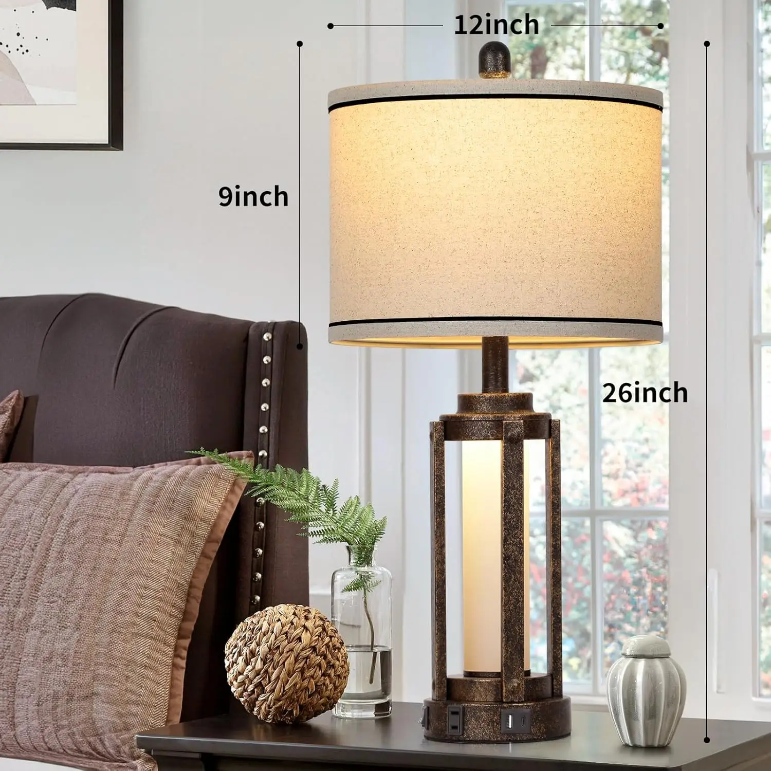 Lámpara de mesa vintage de granja con puertos USB A+C y toma de CA, luz nocturna LED rústica de 26', pantalla de lino, 2 bombillas incluidas