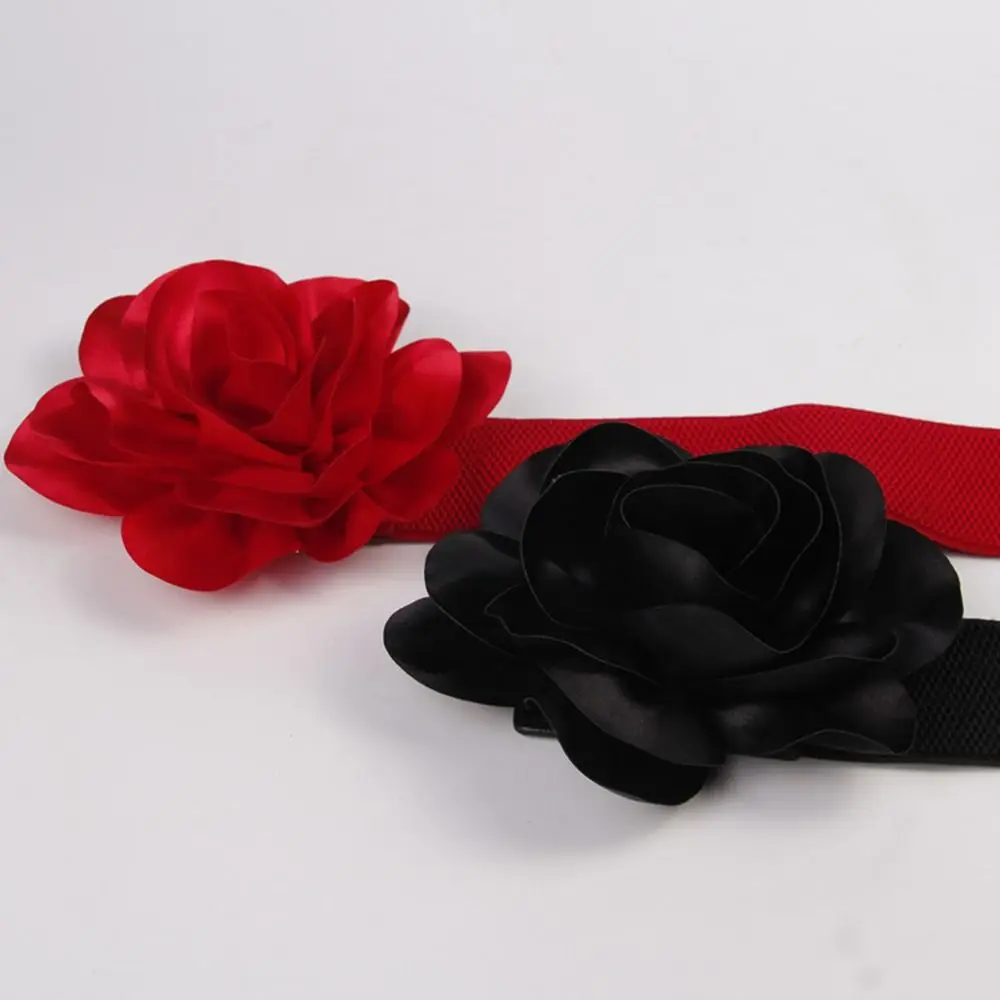 เดรสกระโปรงลำลองสำหรับผู้หญิงชุดเดรสแถบผ้าคาดเอวแถบกว้างเข็มขัดยืดลายดอกไม้ขนาดใหญ่