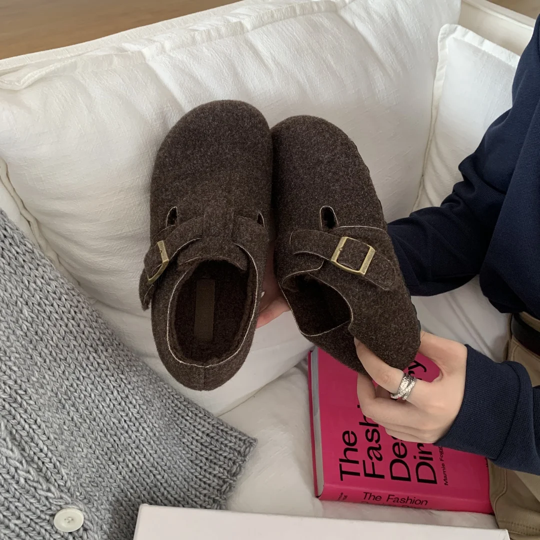 حذاء بدون كعب للنساء بإبزيم حذاء بمقدمة مستديرة مصمم مريح حذاء مسطح مسطح شتوي دافئ حذاء ماري جين zapatos mujer