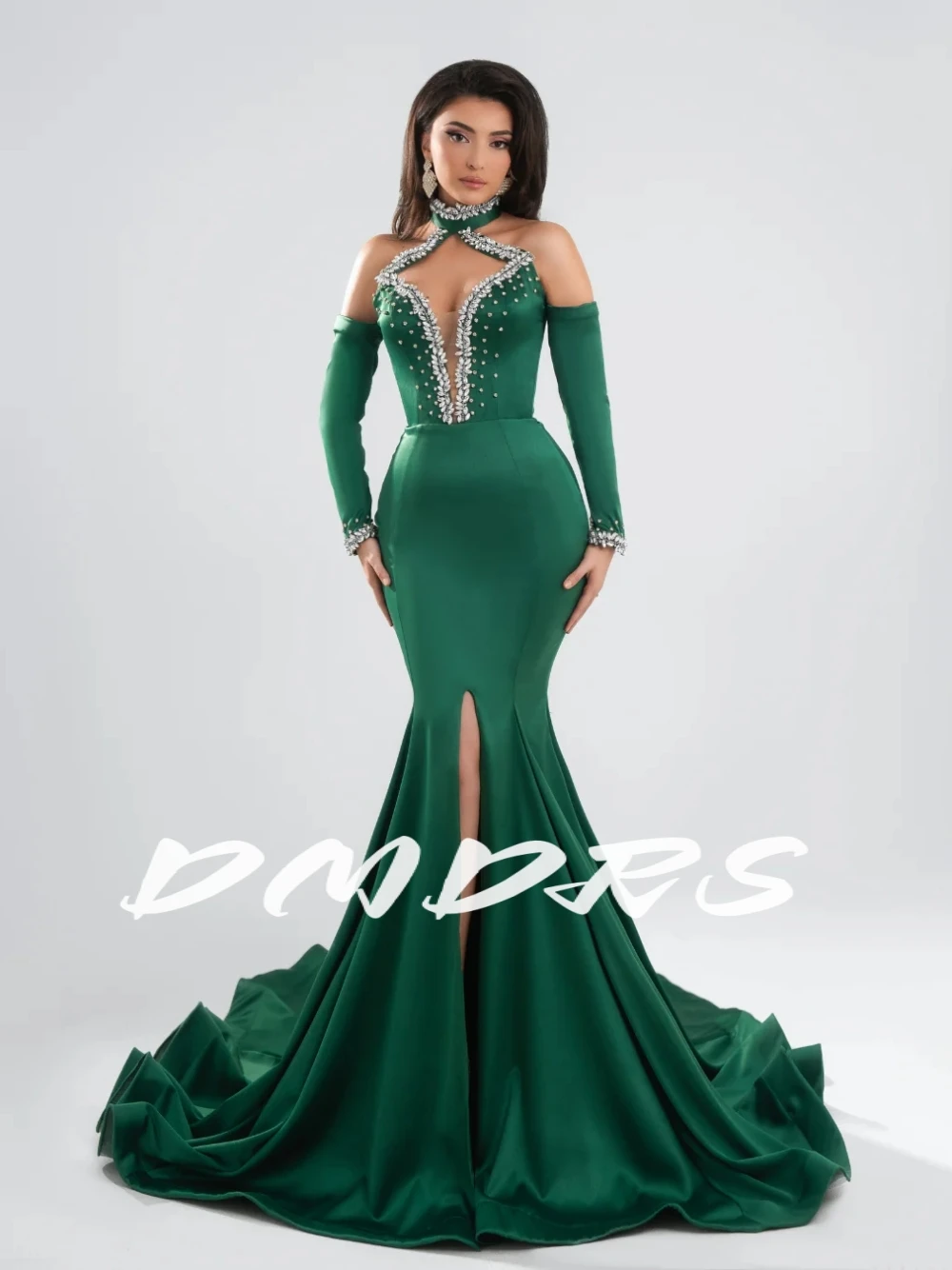 

Newest Off Shoulder Green Evening Dress Sexy Front Slit Crystals Prom Gown Customized Mermaid Fitted Satin Cocktail Party Wear