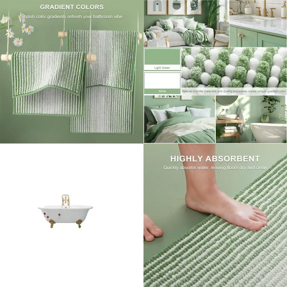 

2-Piece Soft Chenille Bath Mat Set, Non-Slip Absorbent Mats for Bathroom, Light Green, 24x70 and 20x32