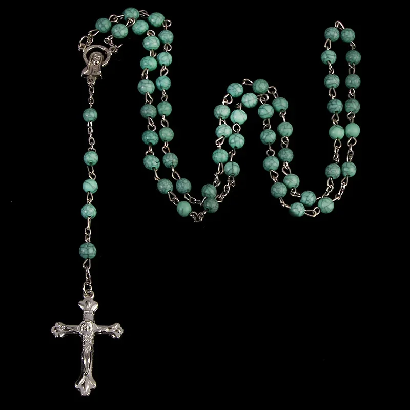 قلادة متقاطعة من مسبحة فيروزية مقاس 8 مم، قلادة مصنوعة يدويًا من مركز ماريا