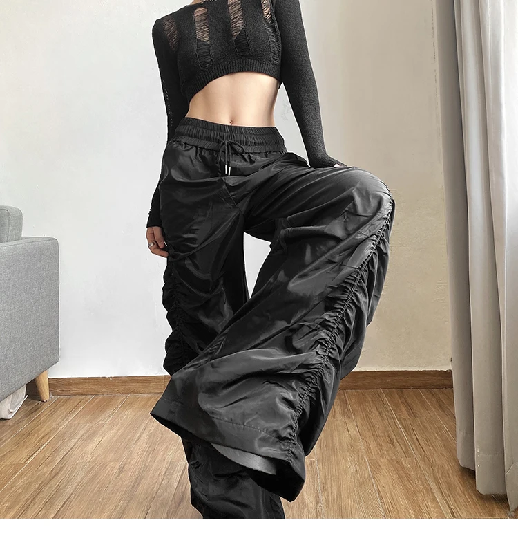 European Hot Girls Loose Mopping High-waisted Pants Women Design Folds Pleated Wide-leg Long Pants Punk Capris Black Trousers