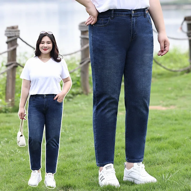 High quality jeans for women big size stone washing cotton denim trousers new spring 2024 casual clothing- blue black