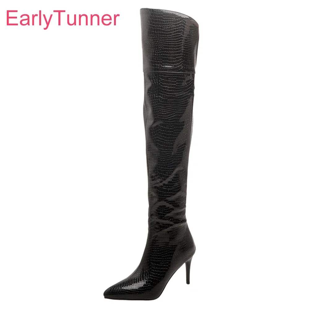 Winter Glossy Black White Women Over The Knee High Boots High Gladiator Heel Lady Party Shoes Plus Big Size 12 43 45 48