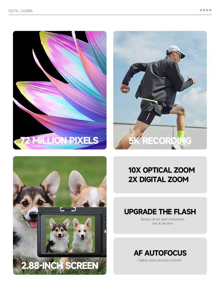 Flip Screen 10X Optical Zoom Auto Focus 72MP 5K Digital Camera Vlogging Camera for Vloggers Photography and Content Creators