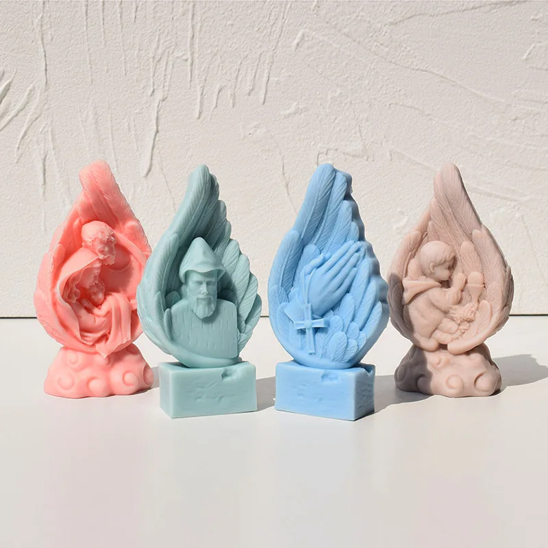 Virgin Mary of Jesus Family of Three Candle Mold Angel Wing Art Sculpture Silicon Mold Saint Charbel Catholic Christian Wax Tool