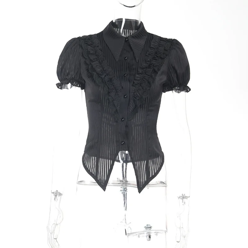 Kimotimo Dark Gothic Striped Satin Shirt Women Sexy Ruffle Slim Waist Spicy Girl Crop Top Harajuku Vintage Short Sleeve Blouse