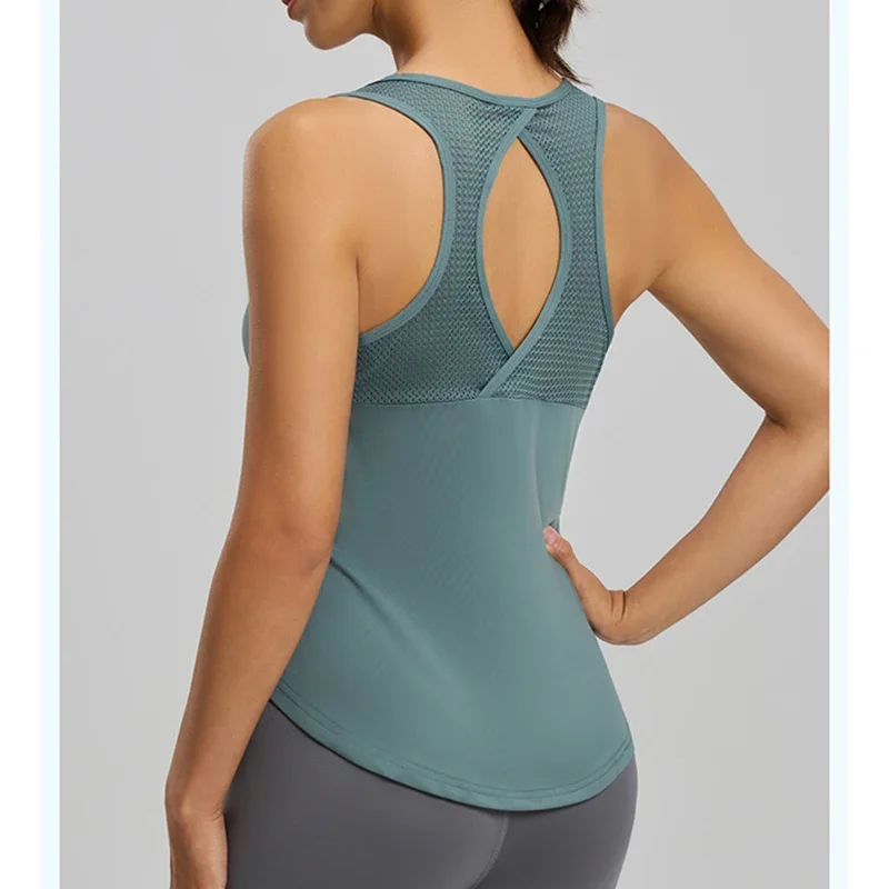 Summer New Women Breathable Sports Vest Fashion Mesh Cutout Racerback Yoga Vest Skin-Friendly Naked Feeling Yoga Apparel