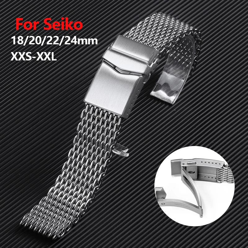 Solid Stainless Steel Shark Mesh Watchband for Seiko Adjustable Diving Buckle Watch Strap 4.0 Thicken Luxury Bracelet 18 20 22mm