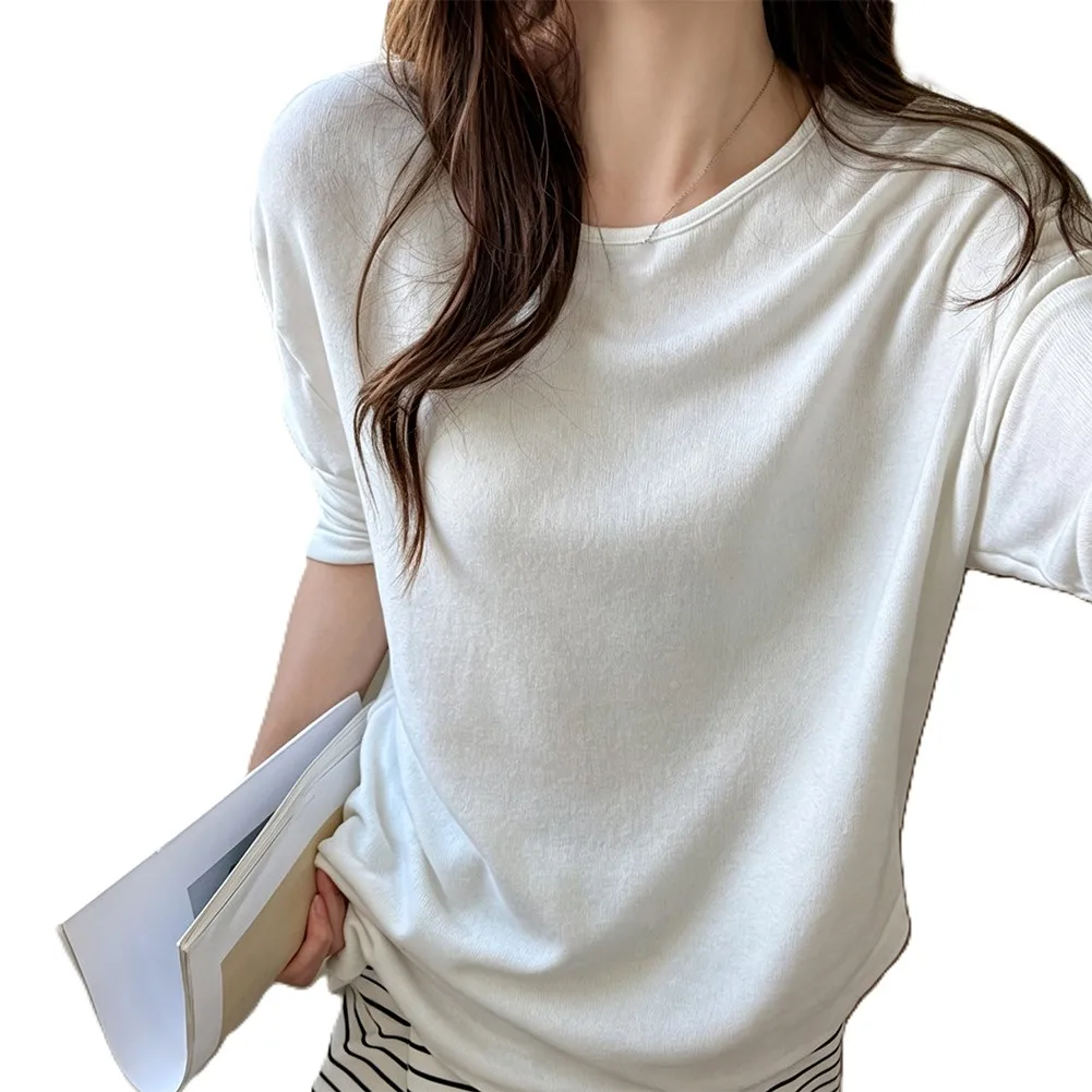 Womens Loose for Fit Long Sleeve T Shirt Solid Color Round Neck Polyester For Top for Casual Everyday Wear Vacation and Home Use