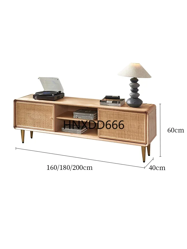

Solid Wood TV Cabinet Living Room Home Small Apartment Oak Retro Style Rattan Floor Cabinet Combination