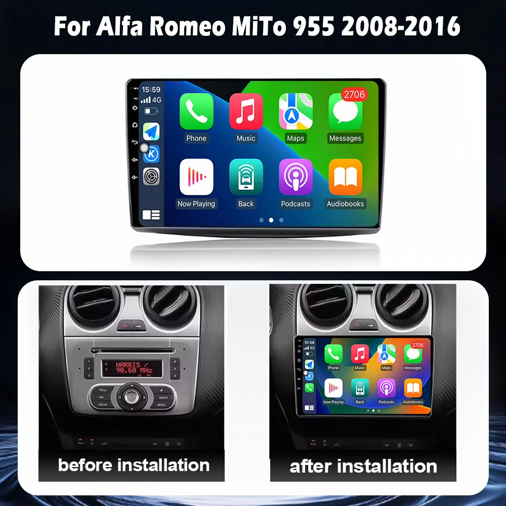 Android 16 Wireless CarPlay For Alfa Romeo MiTo 955 2008-2016 Car Radio Multimedia Navigation GPS DSP Stereo 4G WIFI