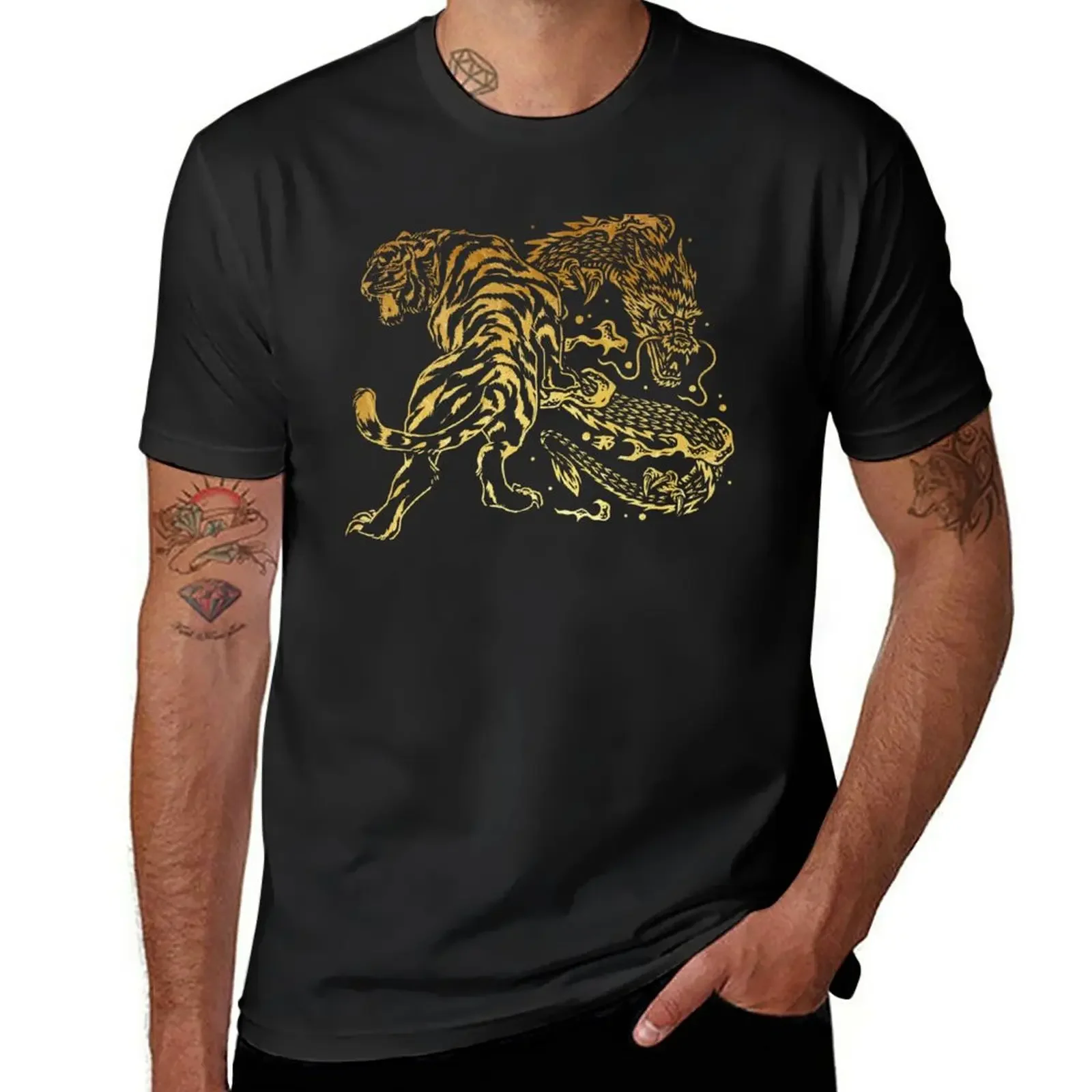 New Tiger and Dragon Yin Yang Tattoo Style Gold Print T-Shirt korean fashion plus size tops designer t shirt men