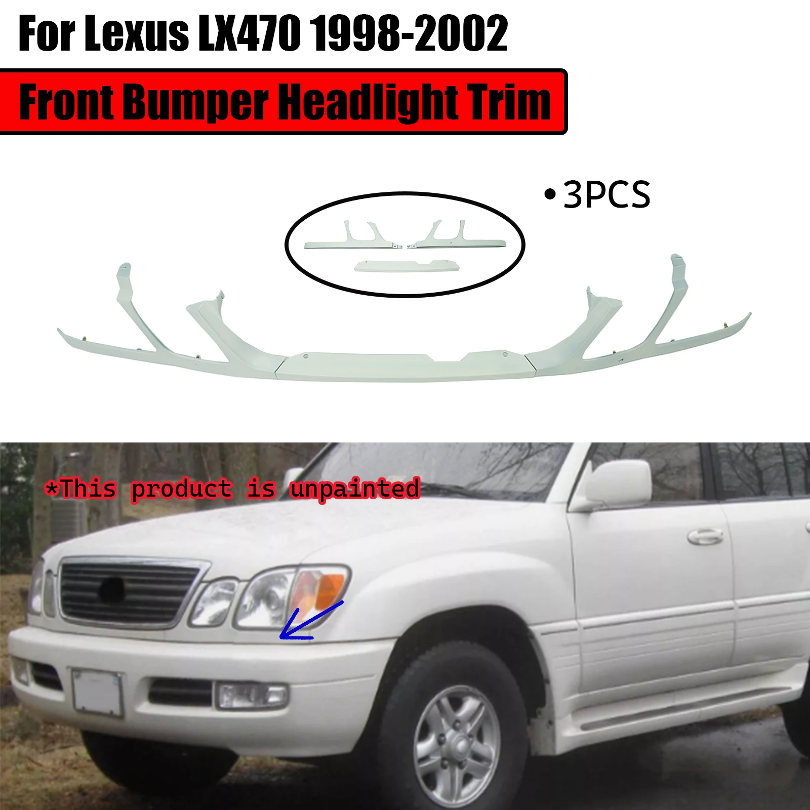 For Lexus LX470 1998 1999-2002 3PCS Car Front Bumper Headlight Trim Under Network Primer Unpainted Body Kit Car Accessories