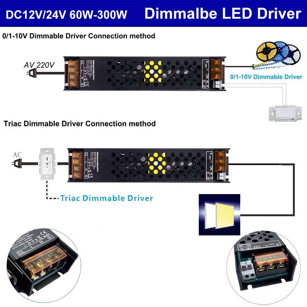 DC12V 24V Aluminum Shell AC220V 240V Dimmable LED Driver 60W-250W Triac & 0-10V Dimming 2in1 Power Supply Lighting Transformer