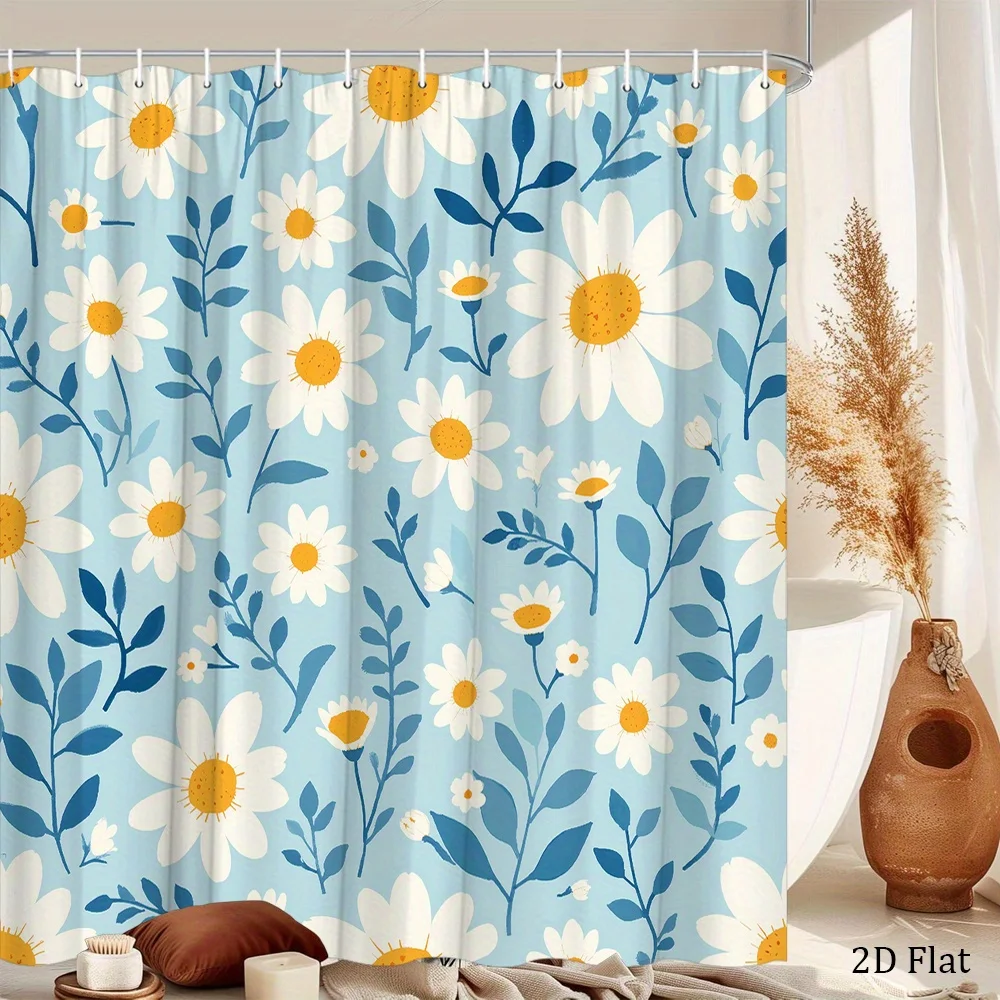 Flat Illustration Daisy Shower Curtain 1pc with 12 Hooks for Bathroom Home Decor Polyester 2D Print 70.8x70.8 Inch