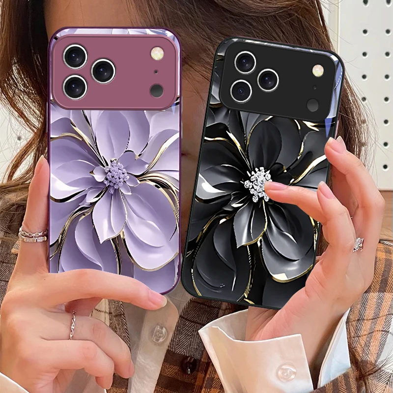 Elegant purple flowers For iPhone 17 Air 16 E 15 14 13 Plus 12 mini 11 17 Pro Max XR Xs Max 16E 7 8 Tempered Glass Phone Case
