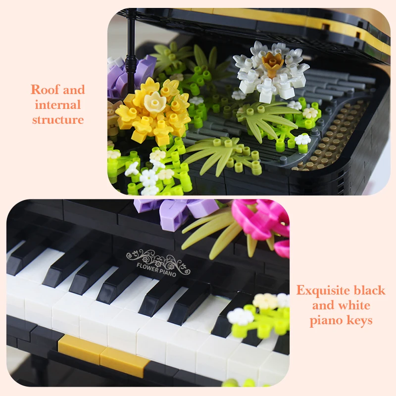 DIY Mini Piano Violin Building Blocks Set LED Light Instrument Rose Eternal Flower Waterfall Model Bricks Kids Toy Birthday Gift